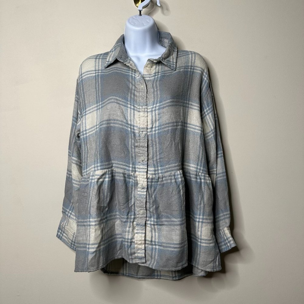 American Eagle Blue Plaid Babydoll Button Front Top Women's XS